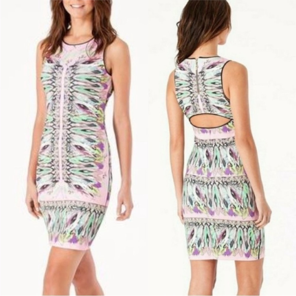 Hale Bob Pink Feather Print Dress Women Sleeveless cut out back size medium